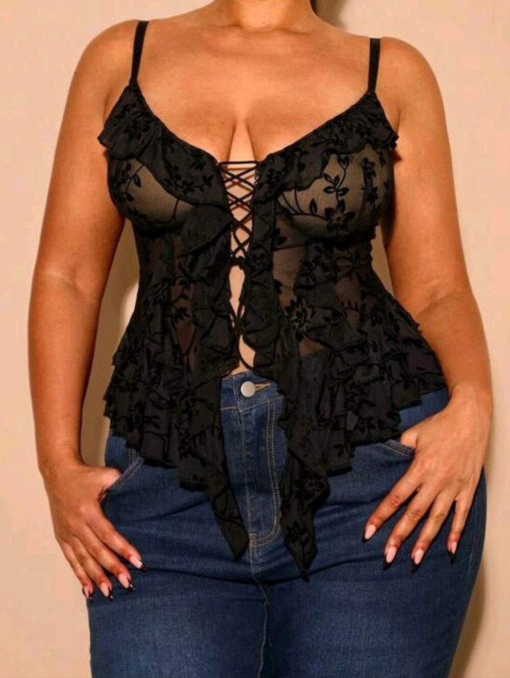 SHEIN BAE Plus Size WomenSpaghetti Strap Asymmetrical HemCami Top, black, SZ 0X